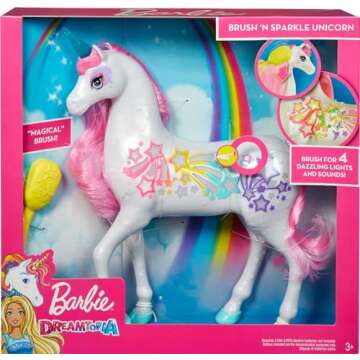 Barbie Dreamtopia Unicorn, Brush 'n Sparkle Interactive Toy with Lights & Sounds, Magical Brush Accessory, White Unicorn with Pink Mane & Light-Up Stars