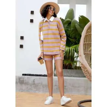 NORACORA Women Long Sleeve Pajamas Shorts Set 2 Piece Lounge Wear Sets Oversized Sleepwear Outfits Trendy Tracksuits Light Purple