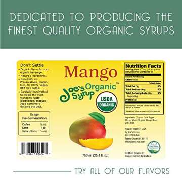 Joe's Organic Mango Syrup - 750 ml for Coffee and Cocktails