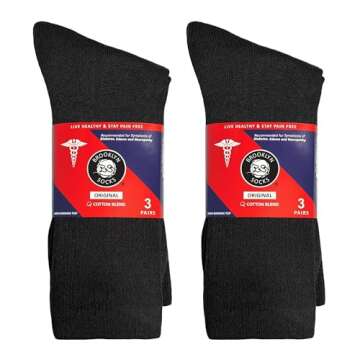 6 Pairs of Cotton Diabetic Non-Binding Neuropathy Crew Socks (Black, Fits Mens Shoe Size 9-12/Womens Shoe Size 10-13)