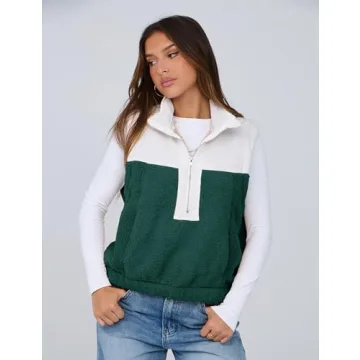 Yeokou Women Fleece Sherpa Vest Cropped Half Zip Sleeveless