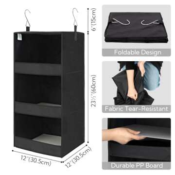 GRANNY SAYS 3-Shelf Hanging Closet Organizer, Collapsible Closet Hanging Shelves, Nursery Hanging Organizer, Black, 29 ½" H X 12" W X 12" D, 1-Pack
