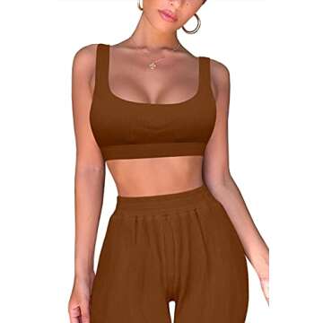 Mulisky Workout Outfits for Women 2 Pieces Ribbed Seamless Yoga Sports Crop Tank with Pocket Jogger Pants Set Coffee L