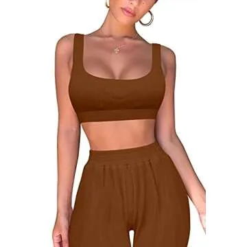 Mulisky Workout Outfits for Women 2 Pieces Ribbed Seamless Yoga Sports Crop Tank with Pocket Jogger Pants Set Coffee L