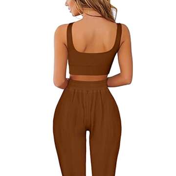 Mulisky Workout Outfits for Women 2 Pieces Ribbed Seamless Yoga Sports Crop Tank with Pocket Jogger Pants Set Coffee L