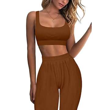 Mulisky Workout Outfits for Women 2 Pieces Ribbed Seamless Yoga Sports Crop Tank with Pocket Jogger Pants Set Coffee L