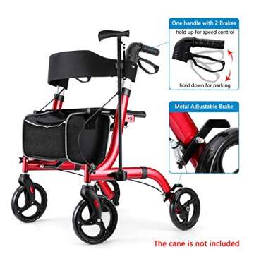 Rollator Walkers for Seniors- Rollator Walker with Seat 8" Wheels- Easy Folding Senior Walker with Padded Backrest- Lightweight Mobility Walking Aid for Adult Elderly, Aluminum Frame, Red