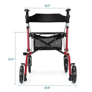 Rollator Walkers for Seniors- Rollator Walker with Seat 8" Wheels- Easy Folding Senior Walker with Padded Backrest- Lightweight Mobility Walking Aid for Adult Elderly, Aluminum Frame, Red