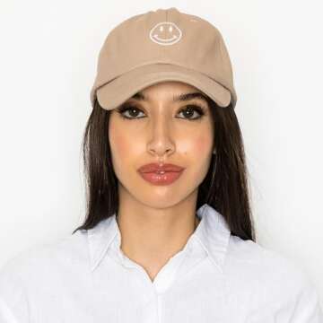 Smile Face Baseball Cap – Fashionable Embroidered Trucker Hat for Women. Trendy, Light Weight Adjustable Cute Hats for Summer (Khaki)