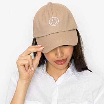 Smile Face Baseball Cap – Fashionable Embroidered Trucker Hat for Women. Trendy, Light Weight Adjustable Cute Hats for Summer (Khaki)