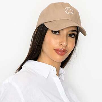Smile Face Baseball Cap – Fashionable Embroidered Trucker Hat for Women. Trendy, Light Weight Adjustable Cute Hats for Summer (Khaki)