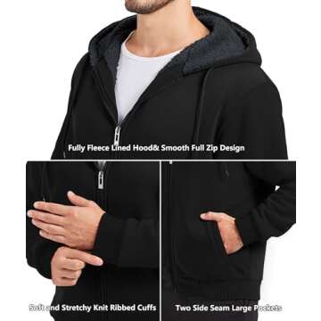 GEEK LIGHTING Hoodies for Men Heavyweight Fleece Sweatshirt - Full Zip Up Thick Sherpa Lined, Pure black L