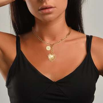 BONJOULRY Chunky Gold Sun Heart Coin Charm Pendent Necklace for Women 18K Gold Plated Choker Necklac...