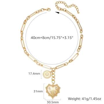 BONJOULRY Chunky Gold Sun Heart Coin Charm Pendent Necklace for Women 18K Gold Plated Choker Necklace Thick Paperclip Chain Hip Hop Necklace Jewelry Coin Sun