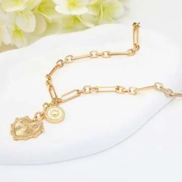 Chunky Gold Sun Heart Coin Charm Necklace for Women