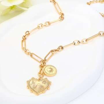 BONJOULRY Chunky Gold Sun Heart Coin Charm Pendent Necklace for Women 18K Gold Plated Choker Necklace Thick Paperclip Chain Hip Hop Necklace Jewelry Coin Sun