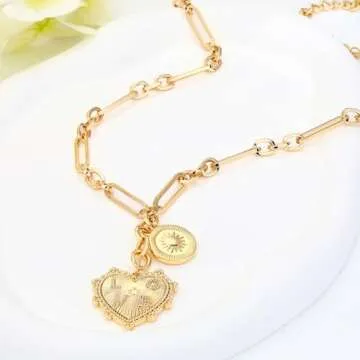Chunky Gold Sun Heart Coin Charm Necklace for Women