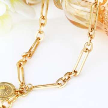 BONJOULRY Chunky Gold Sun Heart Coin Charm Pendent Necklace for Women 18K Gold Plated Choker Necklace Thick Paperclip Chain Hip Hop Necklace Jewelry Coin Sun