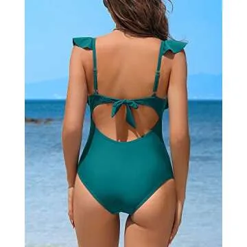 Charmo Womens Ruched Tummy Control One Piece Bathing Suit Ruffle Swimsuit Backless Monokini Swimwear (Green,Large)