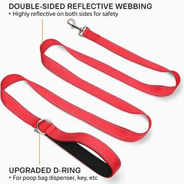 Joytale Double-Sided Reflective Dog Leash, Comfortable Padded Nylon for Safety, 6FT Red