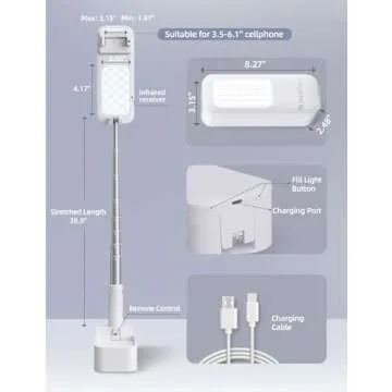 Woumlaiy Selfie Stand with 360° Rotates Phone Holder, Foldable/Rechargeable/Wireless/Overhead Recording with 1000mah Battery for Live Stream/Make up/YouTube/Tiktok/Vlog, 7 Brightness LED Light(White)