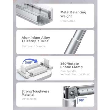 Woumlaiy Selfie Stand with 360° Rotates Phone Holder, Foldable/Rechargeable/Wireless/Overhead Recording with 1000mah Battery for Live Stream/Make up/YouTube/Tiktok/Vlog, 7 Brightness LED Light(White)