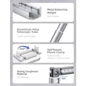 Woumlaiy Selfie Stand with 360° Rotates Phone Holder, Foldable/Rechargeable/Wireless/Overhead Recording with 1000mah Battery for Live Stream/Make up/YouTube/Tiktok/Vlog, 7 Brightness LED Light(White)