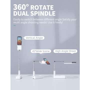 Woumlaiy Selfie Stand with 360° Rotates Phone Holder, Foldable/Rechargeable/Wireless/Overhead Recording with 1000mah Battery for Live Stream/Make up/YouTube/Tiktok/Vlog, 7 Brightness LED Light(White)