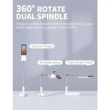 Woumlaiy Selfie Stand with 360° Rotates Phone Holder, Foldable/Rechargeable/Wireless/Overhead Recording with 1000mah Battery for Live Stream/Make up/YouTube/Tiktok/Vlog, 7 Brightness LED Light(White)