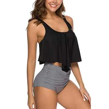 Women High Waisted Swimsuit Flounce Swimwear Racerback Vintage Two Piece Bikini(Black Strap,M)