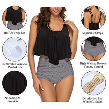 Women High Waisted Swimsuit Flounce Swimwear Racerback Vintage Two Piece Bikini(Black Strap,M)