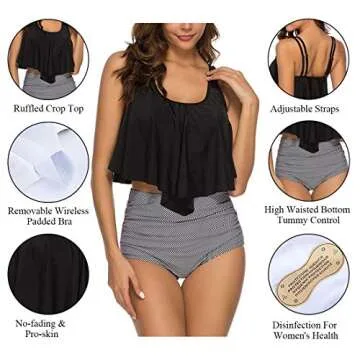 Women High Waisted Swimsuit Flounce Swimwear Racerback Vintage Two Piece Bikini(Black Strap,M)