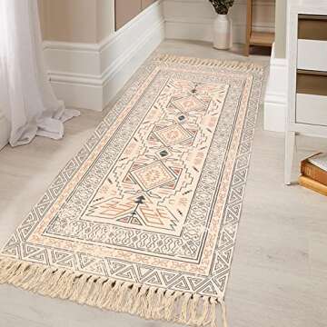 KIMODE Boho Kitchen Runner Rug 2.3'x5.2 Geometric Hand Woven Cotton Tribal Print Fringe Tassels Throw Rugs,Washable Floor Carpet for Kitchen,Bathroom,Bedroom,Laundry Room