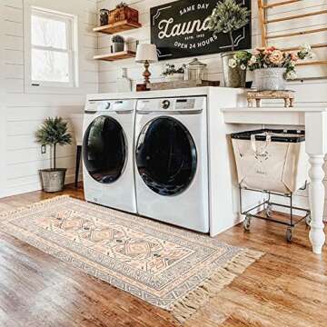 KIMODE Boho Kitchen Runner Rug 2.3'x5.2 Geometric Hand Woven Cotton Tribal Print Fringe Tassels Throw Rugs,Washable Floor Carpet for Kitchen,Bathroom,Bedroom,Laundry Room