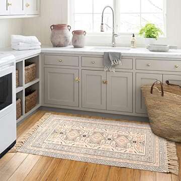 KIMODE Boho Kitchen Runner Rug 2.3'x5.2 Geometric Hand Woven Cotton Tribal Print Fringe Tassels Throw Rugs,Washable Floor Carpet for Kitchen,Bathroom,Bedroom,Laundry Room