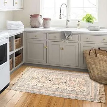 KIMODE Boho Kitchen Runner Rug 2.3'x5.2 Geometric Hand Woven Cotton Tribal Print Fringe Tassels Throw Rugs,Washable Floor Carpet for Kitchen,Bathroom,Bedroom,Laundry Room