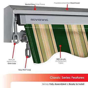 ADVANING Classic Series 10'X8' Electric Retractable Awning, 100% Acrylic UV+ Sun Shade Canopy, Green w/Beige Stripes, EA1008-A230H