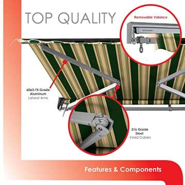 ADVANING Classic Series 10'X8' Electric Retractable Awning, 100% Acrylic UV+ Sun Shade Canopy, Green w/Beige Stripes, EA1008-A230H