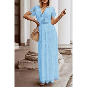 MEROKEETY Women's 2024 V Neck Short Sleeve Floral Lace Maxi Dress - Light Blue, Medium