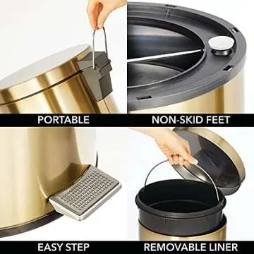 mDesign Tall 30 Liter, Large Round Metal Lidded Step Trash Can, Thin Compact Garbage Bin with Removable Liner Bucket for Bathroom, Kitchen, Craft Room, Office, Garage - Soft Brass
