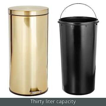 mDesign Tall 30 Liter, Large Round Metal Lidded Step Trash Can, Thin Compact Garbage Bin with Removable Liner Bucket for Bathroom, Kitchen, Craft Room, Office, Garage - Soft Brass