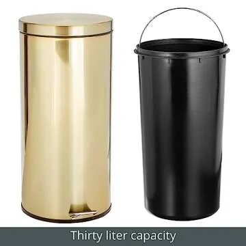 mDesign Tall 30 Liter, Large Round Metal Lidded Step Trash Can, Thin Compact Garbage Bin with Removable Liner Bucket for Bathroom, Kitchen, Craft Room, Office, Garage - Soft Brass