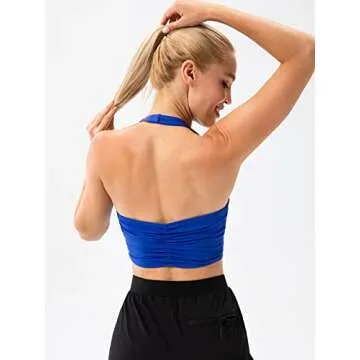 Lavento Women's Halter Sports Bra Pleated Longline Padded Yoga Crop Bras Top (Bright Cerulean Blue, 6)