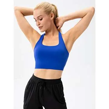 Lavento Women's Halter Sports Bra Pleated Longline Padded Yoga Crop Bras Top (Bright Cerulean Blue, 6)
