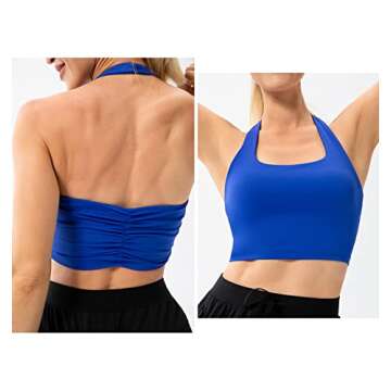Lavento Women's Halter Sports Bra Pleated Longline Padded Yoga Crop Bras Top (Bright Cerulean Blue, 6)