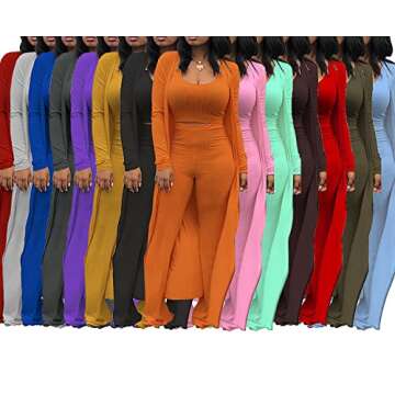 LKOUS Spring 3 Piece Outfits for Women Plain Long Sleeve Cardigan Cover Up Vest Crop Top High Waist Wide Leg Long Pants Set Plus Size