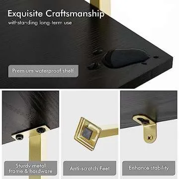 Axeman 5-Tier Ladder Bookcase, Tall Narrow Bookshelf for Small Spaces, Modern Book Storage Organizer Case Open Shelves for Bedroom, Living Room, Office, Library, Gold Metal Frame and Blakc Shelf