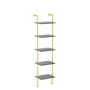 Axeman 5-Tier Ladder Bookcase, Tall Narrow Bookshelf for Small Spaces, Modern Book Storage Organizer Case Open Shelves for Bedroom, Living Room, Office, Library, Gold Metal Frame and Blakc Shelf