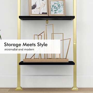 Axeman 5-Tier Ladder Bookcase, Tall Narrow Bookshelf for Small Spaces, Modern Book Storage Organizer Case Open Shelves for Bedroom, Living Room, Office, Library, Gold Metal Frame and Blakc Shelf
