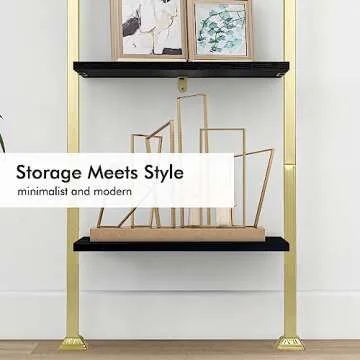 Axeman 5-Tier Ladder Bookcase, Tall Narrow Bookshelf for Small Spaces, Modern Book Storage Organizer Case Open Shelves for Bedroom, Living Room, Office, Library, Gold Metal Frame and Blakc Shelf